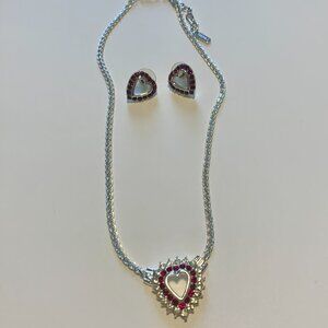 Vendome Heart Necklace and Earrings Silver with Red Stones